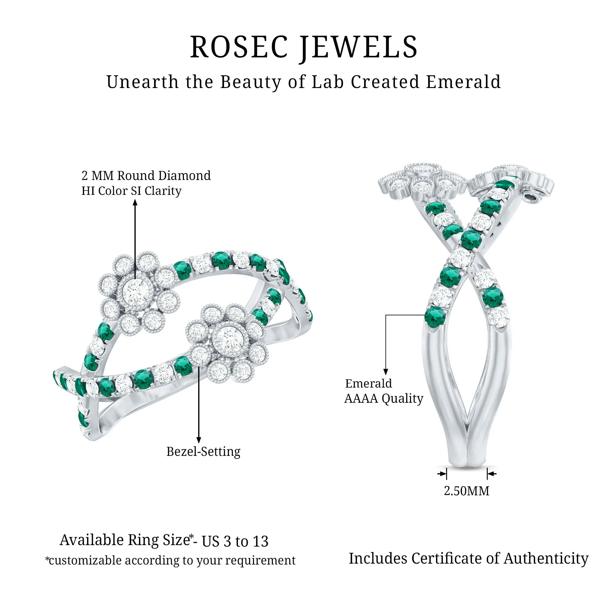 1 CT Floral Created Emerald and Diamond Cocktail Ring