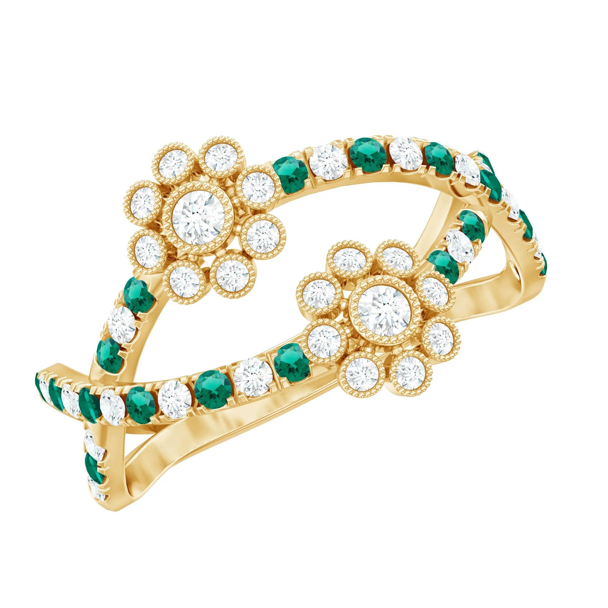 1 CT Floral Created Emerald and Diamond Cocktail Ring
