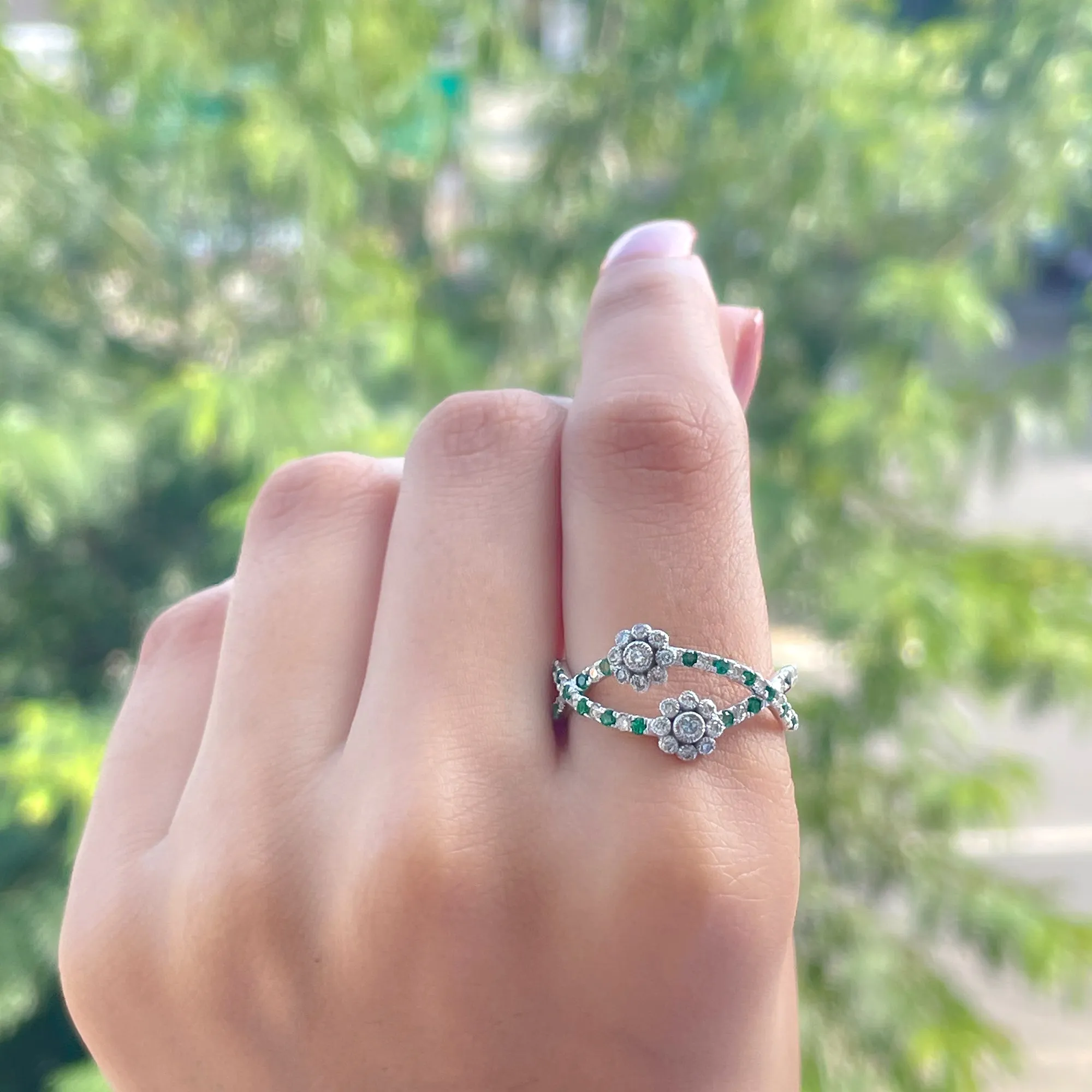 1 CT Floral Created Emerald and Diamond Cocktail Ring