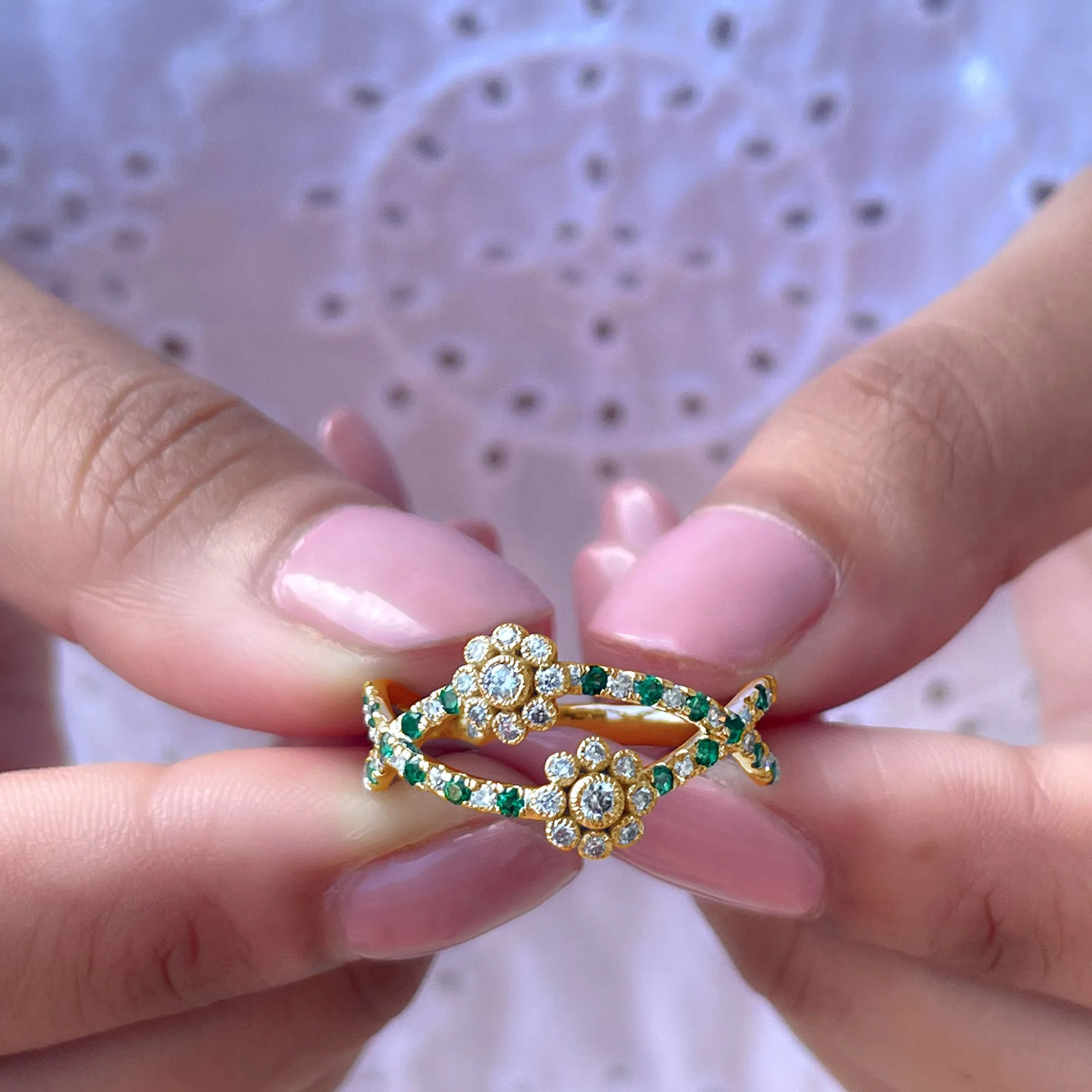 1 CT Floral Created Emerald and Diamond Cocktail Ring