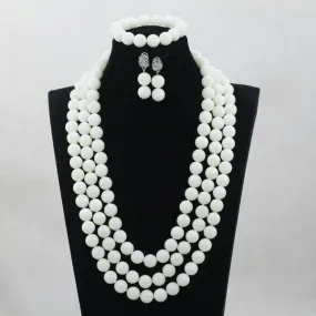100% Genuine white round Carved Coral beads necklace set