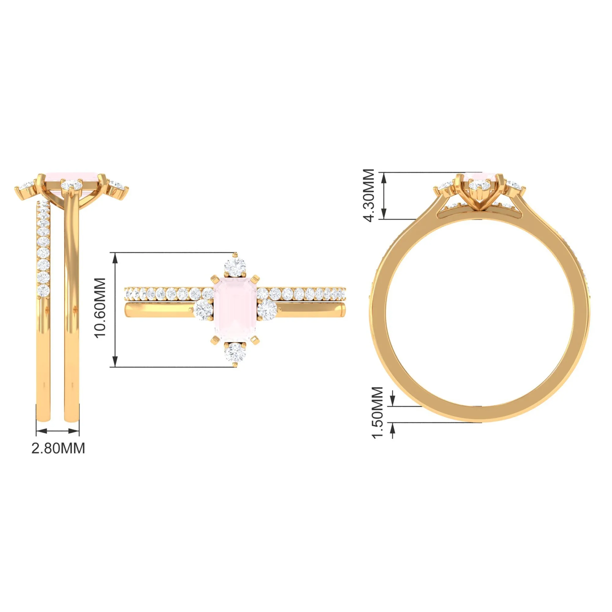 1.25 CT Real Rose Quartz and Diamond Ring Set