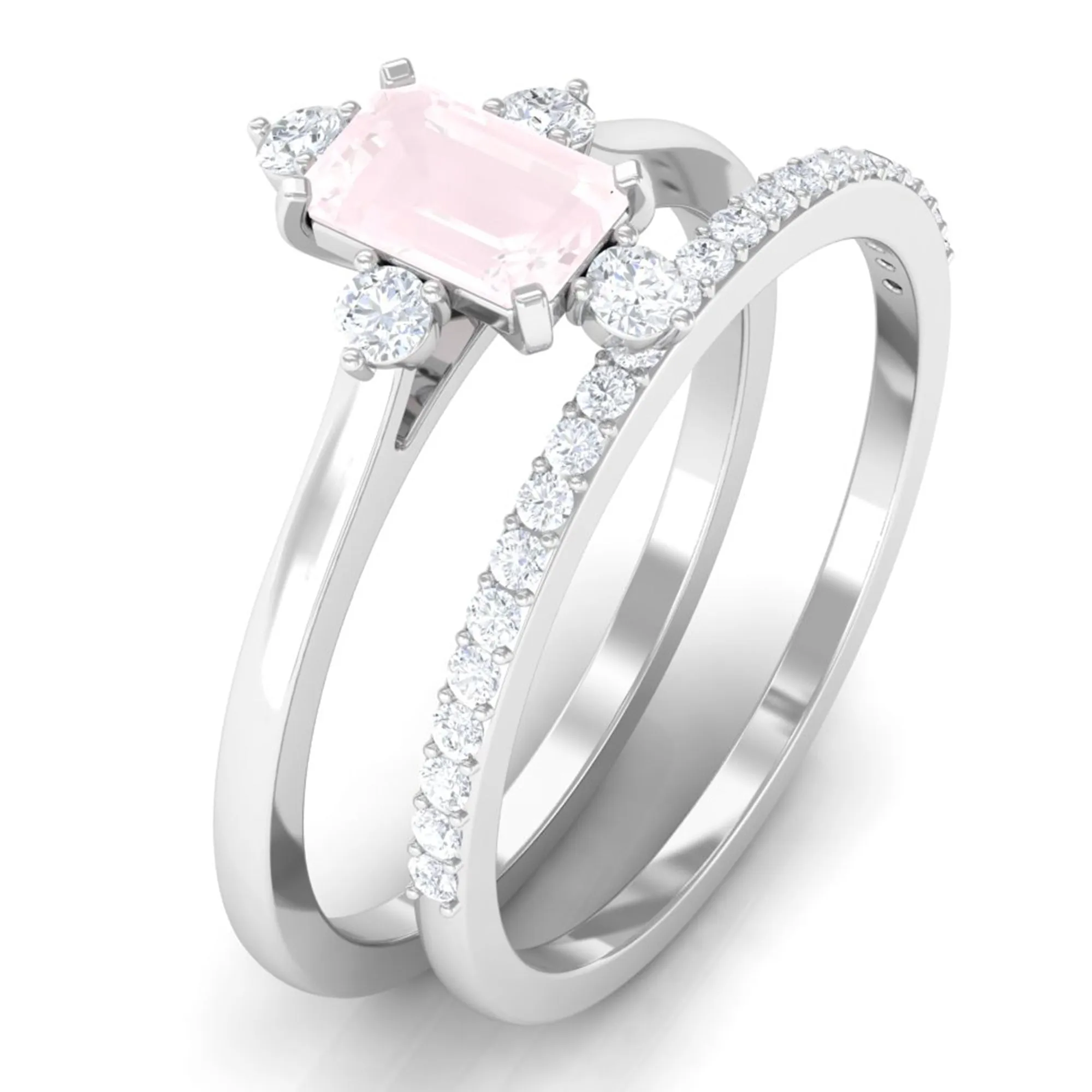 1.25 CT Real Rose Quartz and Diamond Ring Set