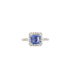 14K White Gold - Blue Sapphire & Diamond Halo Ring - 19283