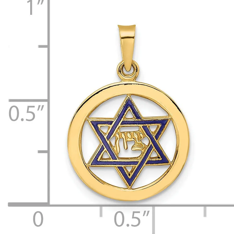 14K Yellow Gold Polished Blue Enamel Finish Star Of David Pendant