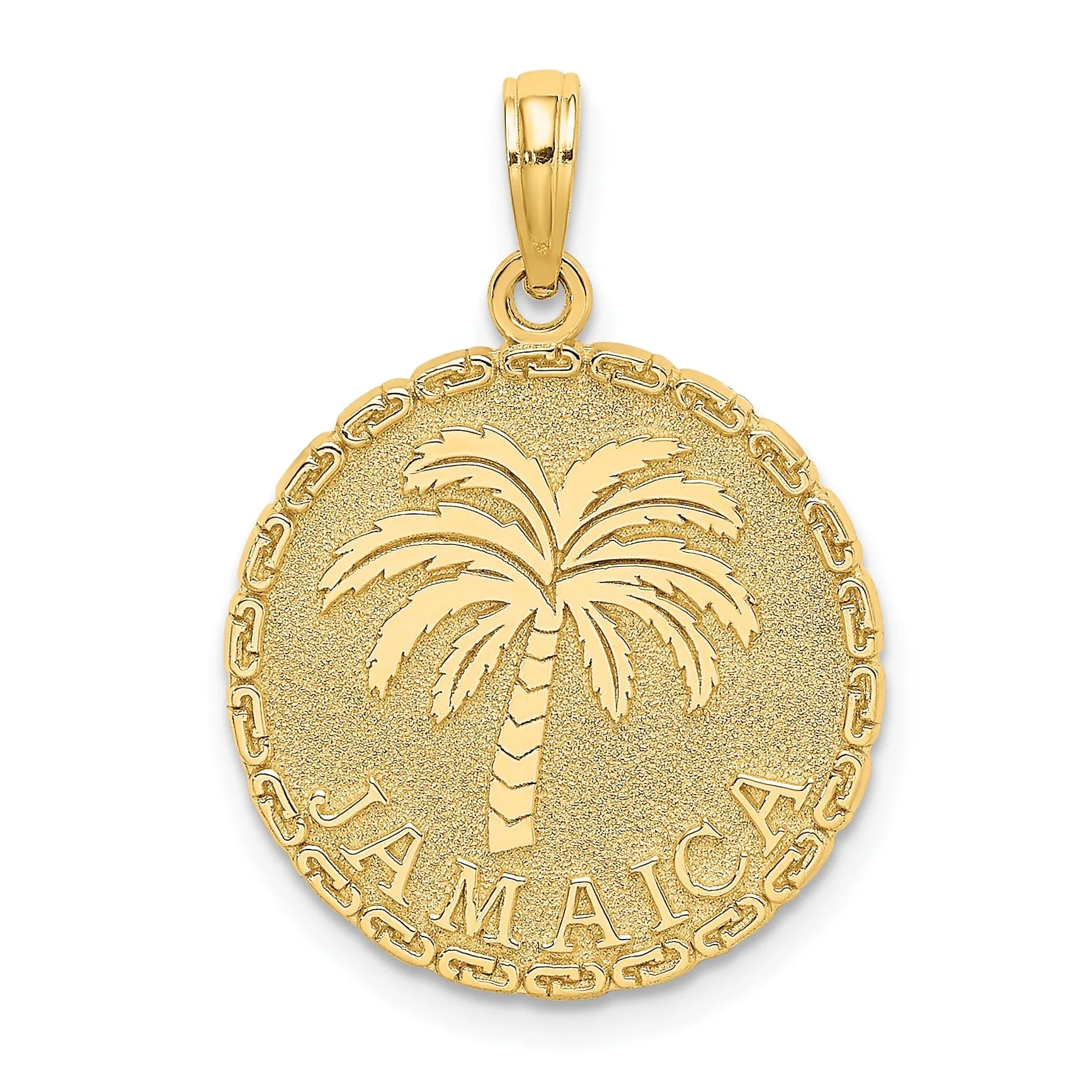 14K Yellow Gold Polished Texture Finish JAMAICA & Palm Tree in Round Disk Shape Charm Pendant