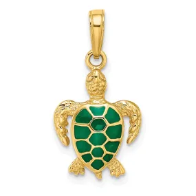 14k Yellow Gold Semi Solid Polished Textured Finish  Green Enameled Sea Turtle Pendant
