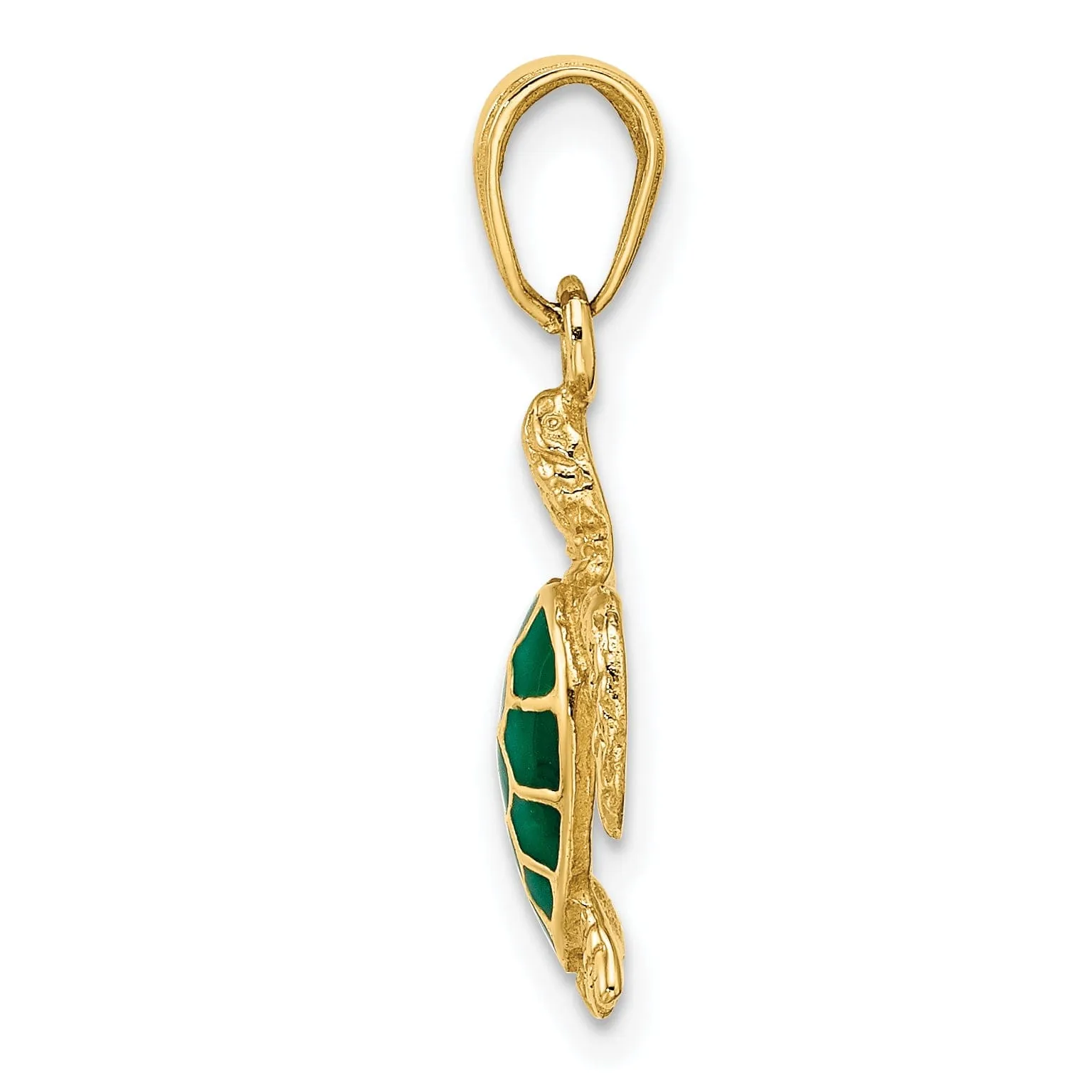 14k Yellow Gold Semi Solid Polished Textured Finish  Green Enameled Sea Turtle Pendant