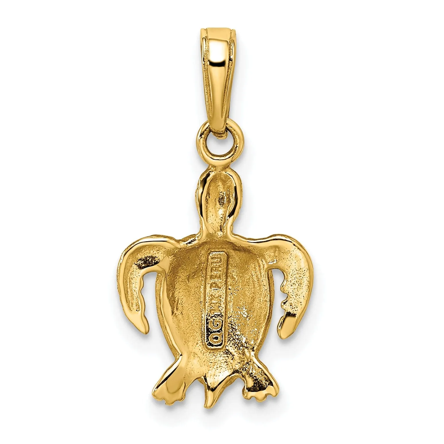 14k Yellow Gold Semi Solid Polished Textured Finish  Green Enameled Sea Turtle Pendant