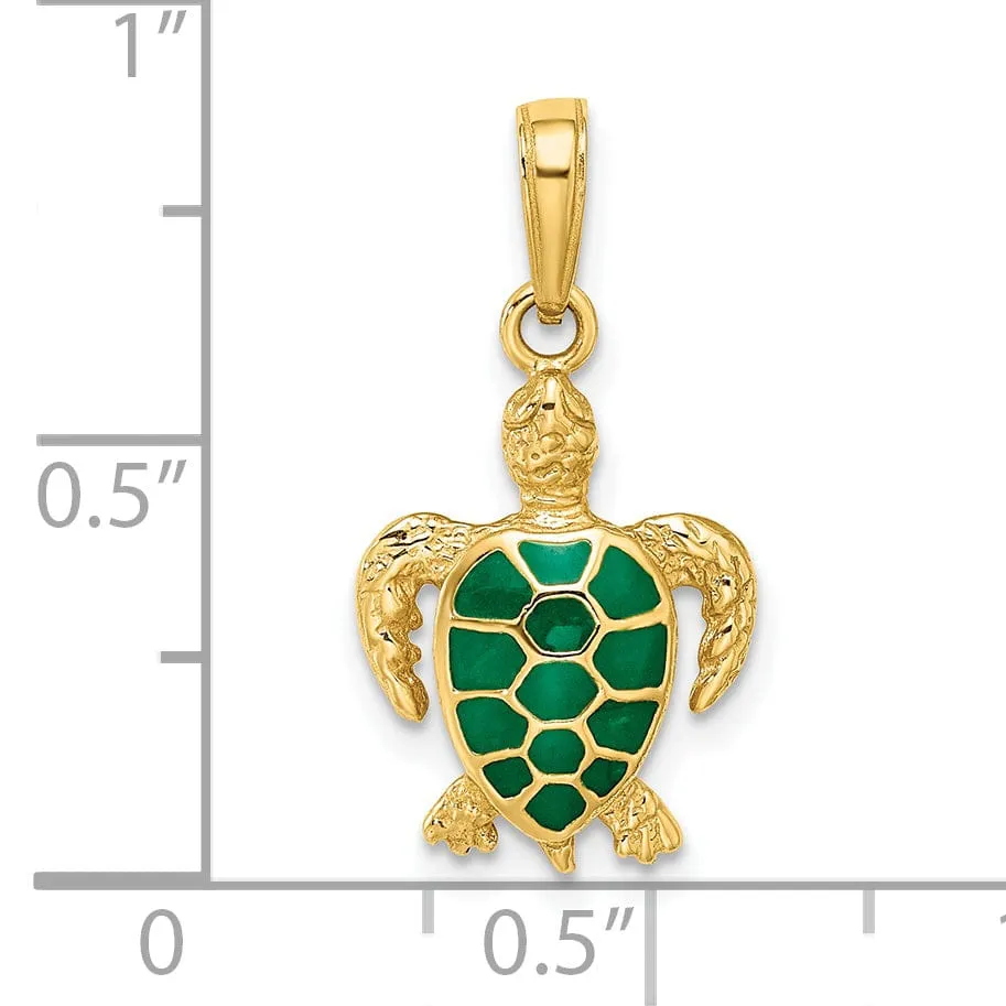 14k Yellow Gold Semi Solid Polished Textured Finish  Green Enameled Sea Turtle Pendant