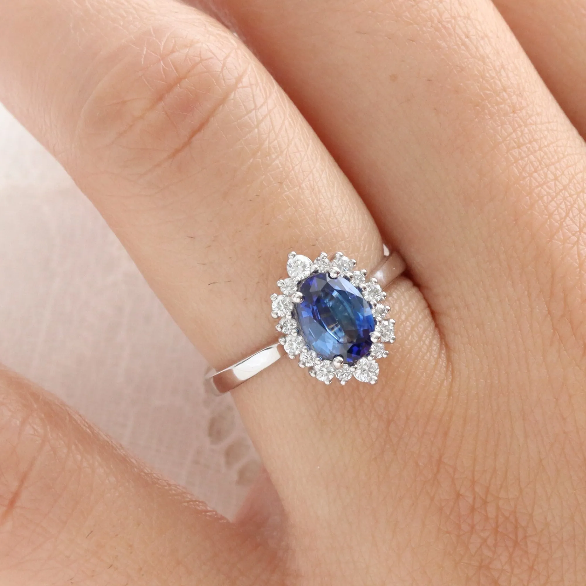 1.58 Ct Oval Blue Sapphire Ring in 14k White Gold Tiara Halo Diamond Ring Size 6.25