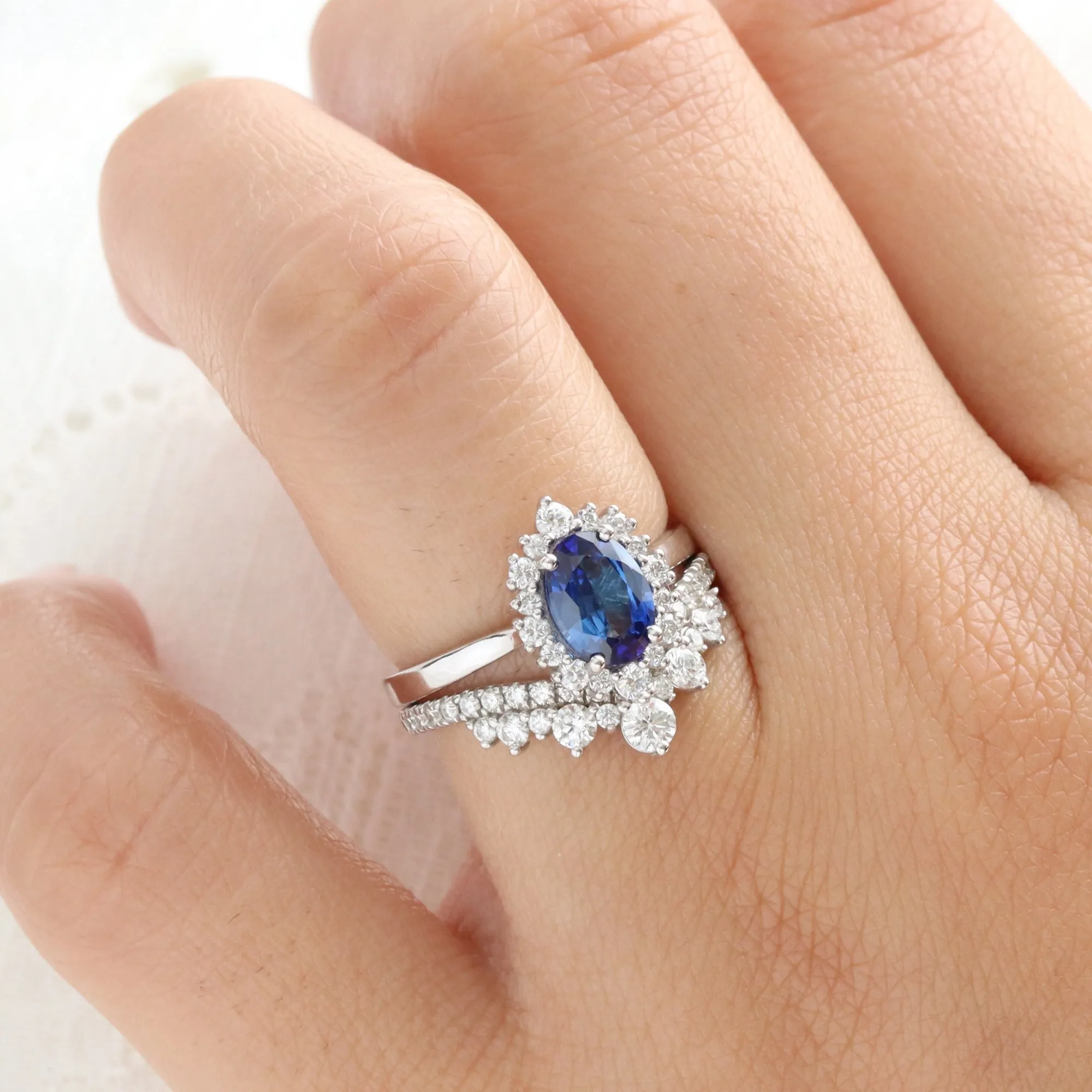 1.58 Ct Oval Blue Sapphire Ring in 14k White Gold Tiara Halo Diamond Ring Size 6.25