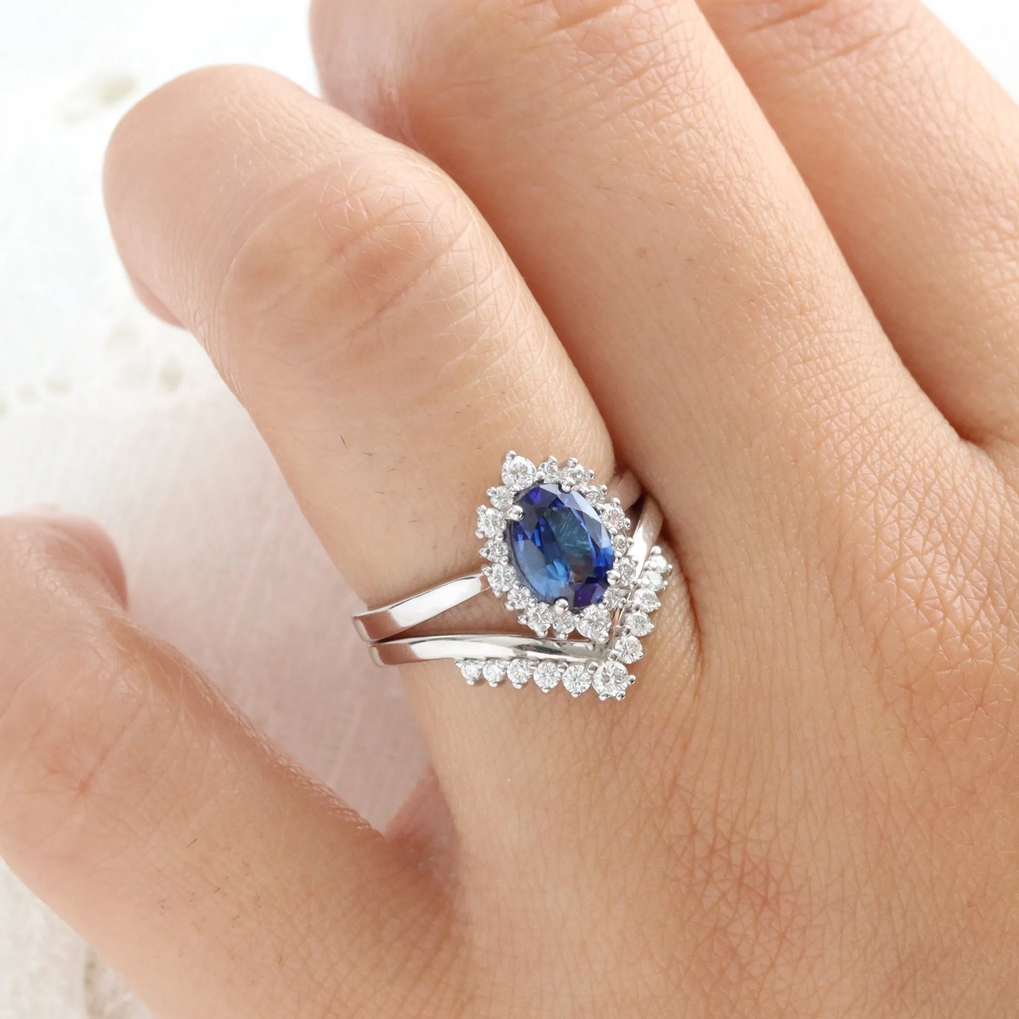 1.58 Ct Oval Blue Sapphire Ring in 14k White Gold Tiara Halo Diamond Ring Size 6.25