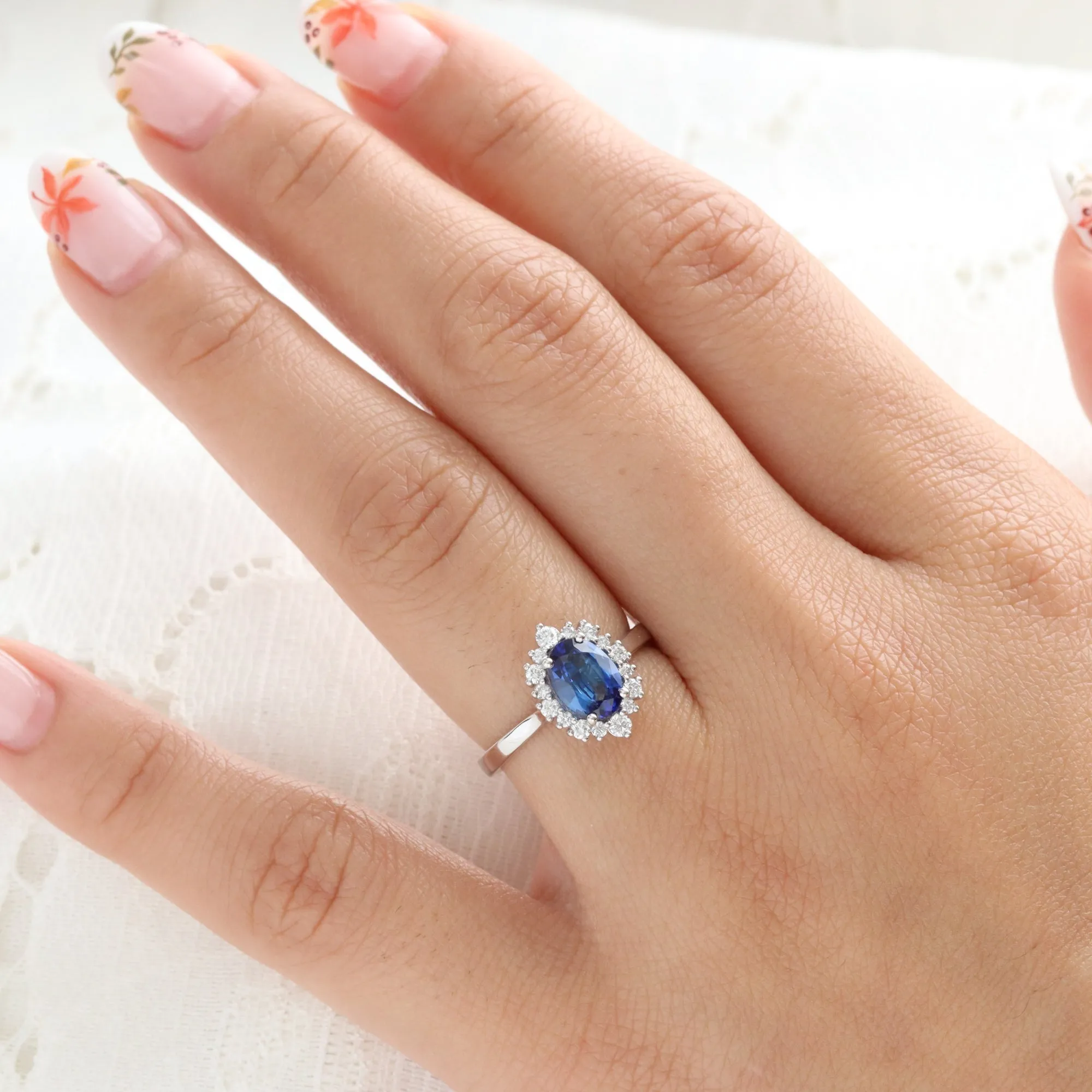 1.58 Ct Oval Blue Sapphire Ring in 14k White Gold Tiara Halo Diamond Ring Size 6.25
