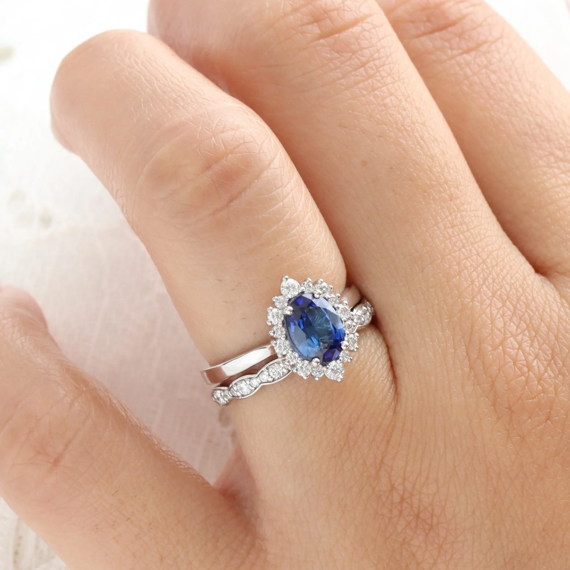 1.58 Ct Oval Blue Sapphire Ring in 14k White Gold Tiara Halo Diamond Ring Size 6.25