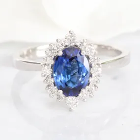 1.58 Ct Oval Blue Sapphire Ring in 14k White Gold Tiara Halo Diamond Ring Size 6.25