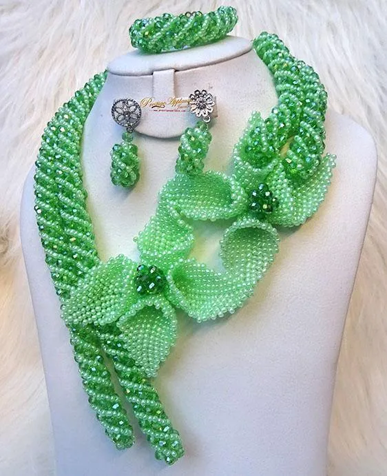 2 Tones Green New Latest Design 2 Pattern Party African Nigerian Beads Jewellery Set