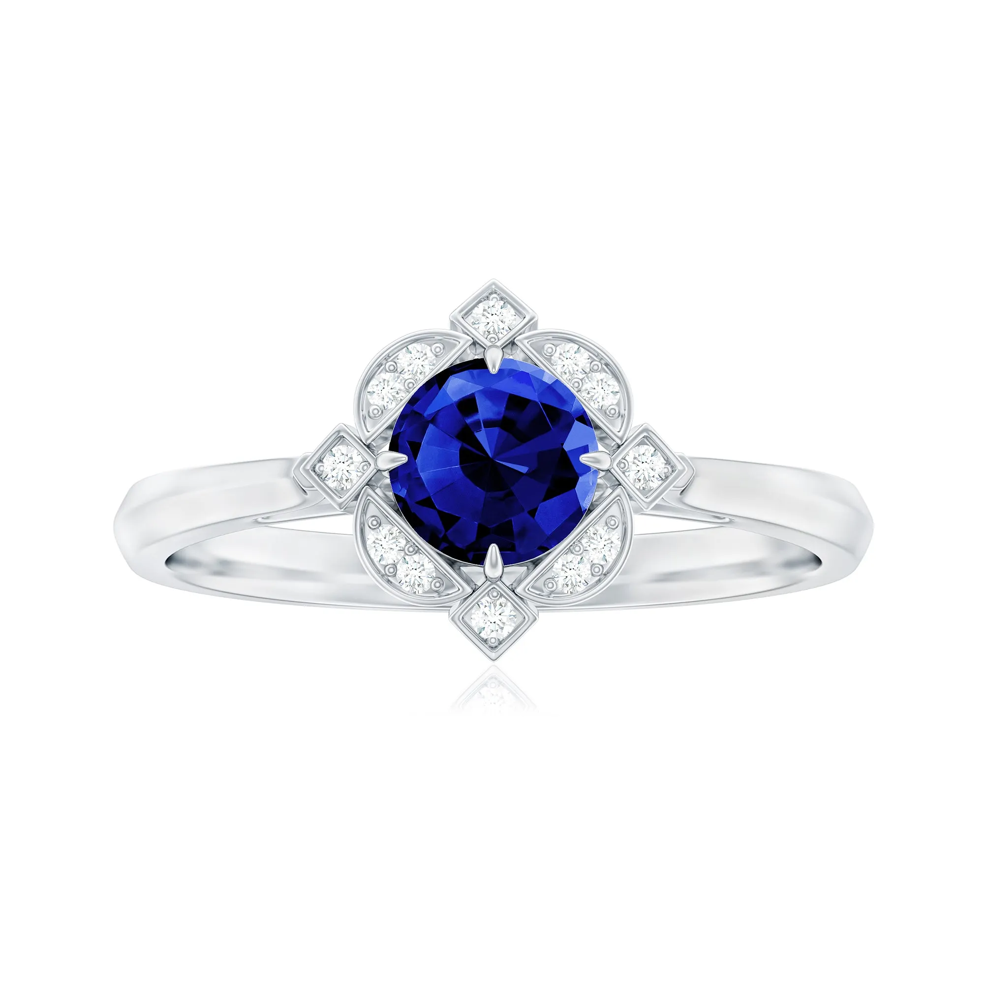 3/4 CT Vintage Created Blue Sapphire and Diamond Engagement Ring