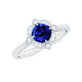 3/4 CT Vintage Created Blue Sapphire and Diamond Engagement Ring