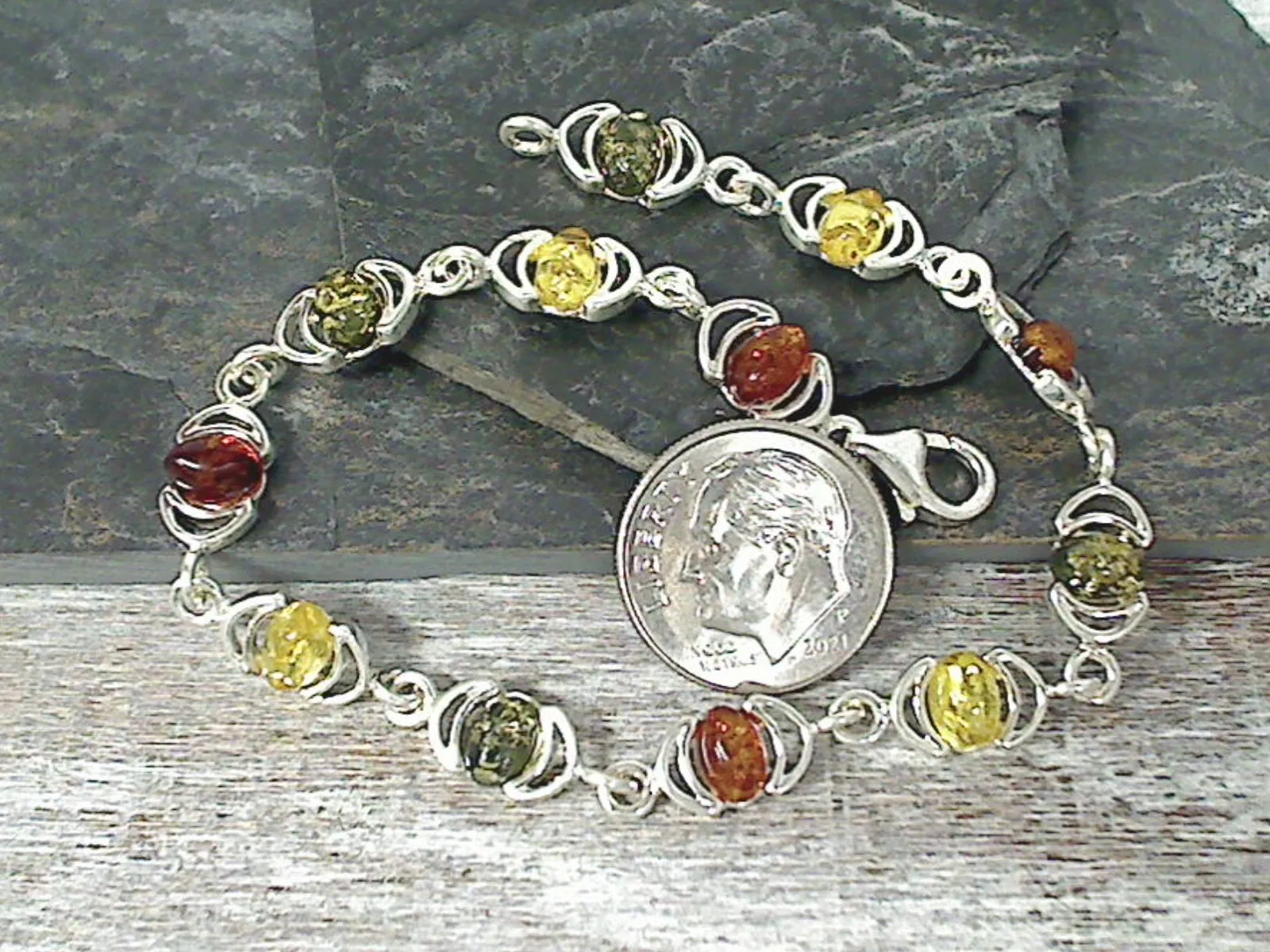 7.75" Amber, Sterling Silver Bracelet
