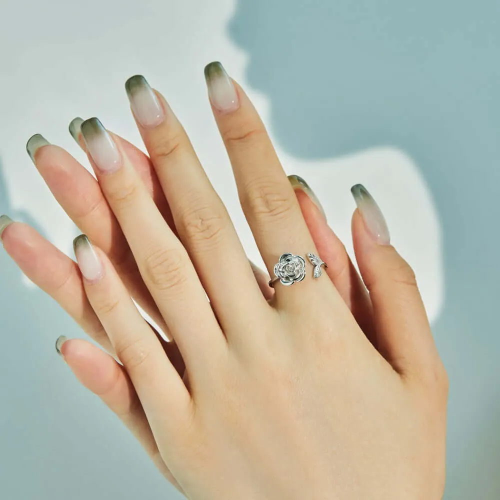 925 Silver Rose Flower And Leaves Toi et Moi Ring