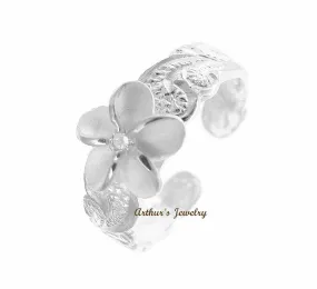 925 STERLING SILVER 8MM HAWAIIAN PLUMERIA FLOWER SCROLL TOE RING WHITE CZ