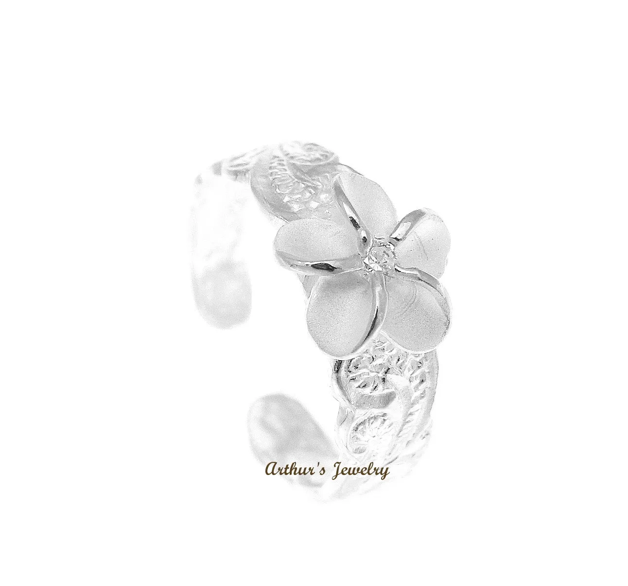 925 STERLING SILVER 8MM HAWAIIAN PLUMERIA FLOWER SCROLL TOE RING WHITE CZ