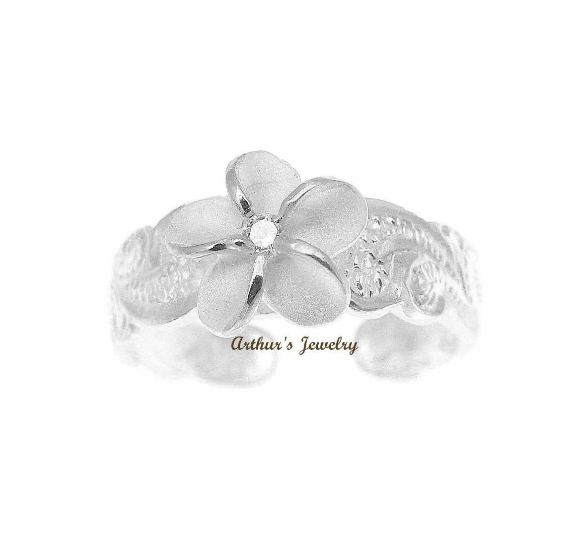 925 STERLING SILVER 8MM HAWAIIAN PLUMERIA FLOWER SCROLL TOE RING WHITE CZ