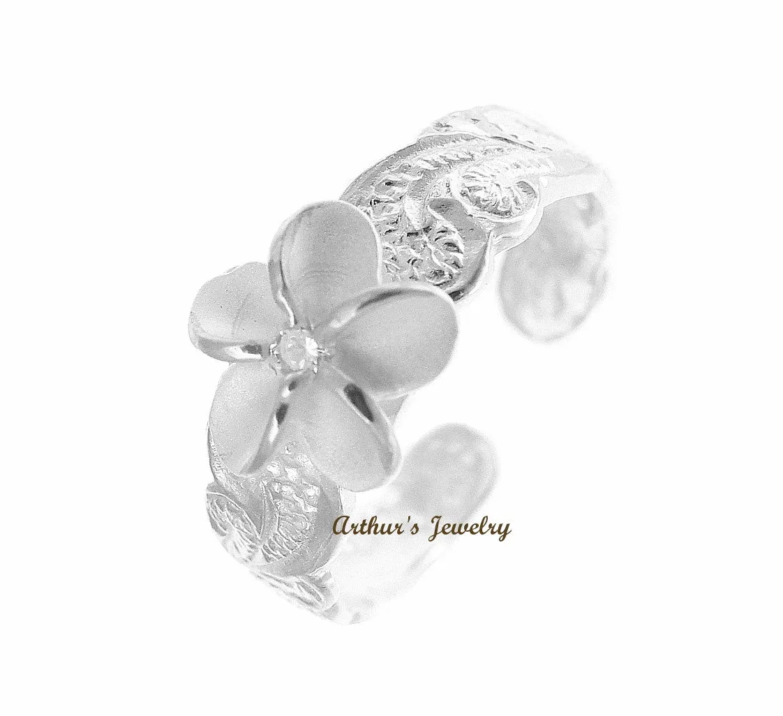 925 STERLING SILVER 8MM HAWAIIAN PLUMERIA FLOWER SCROLL TOE RING WHITE CZ