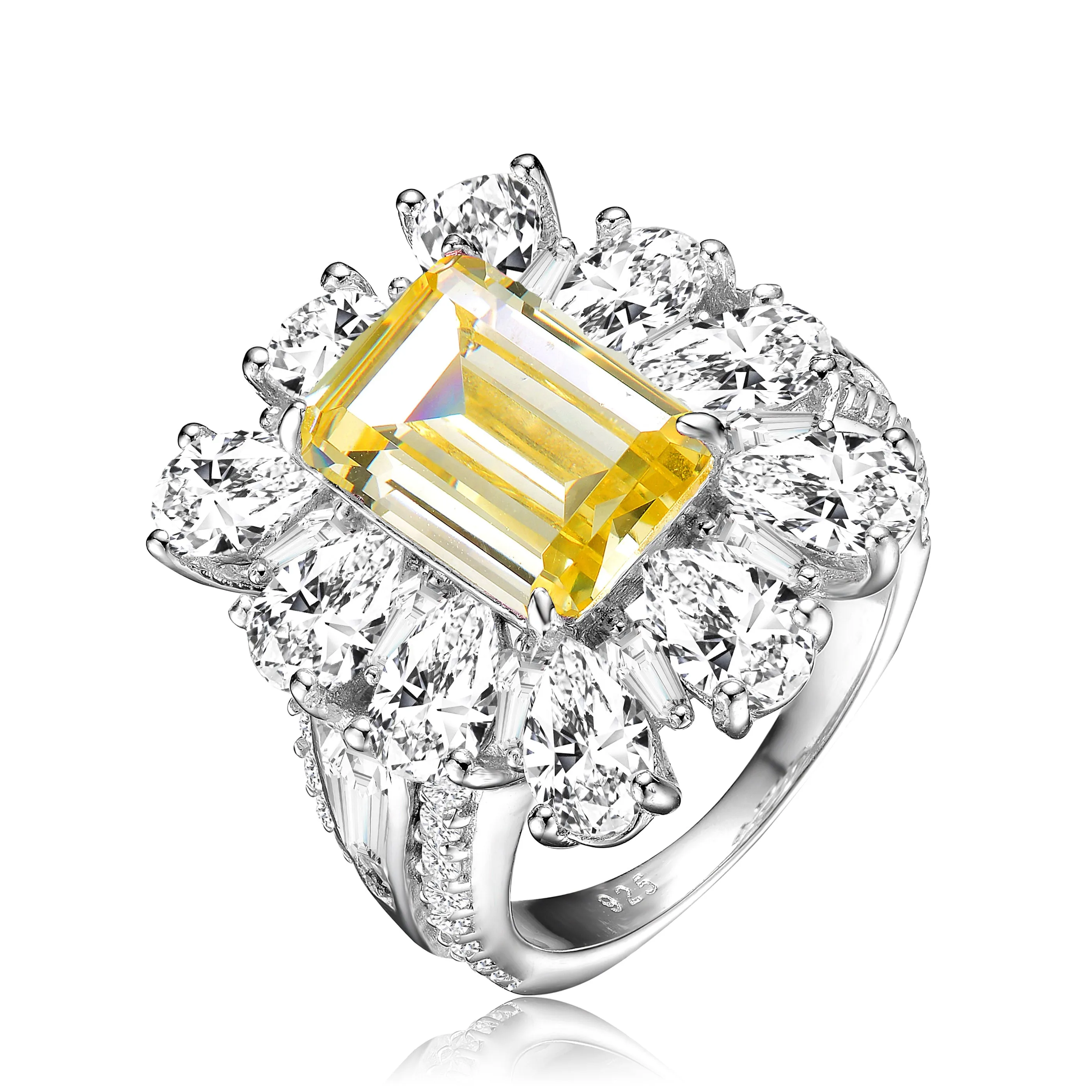.925 Sterling Silver Yellow Cubic Zirconia Halo Cocktail Ring