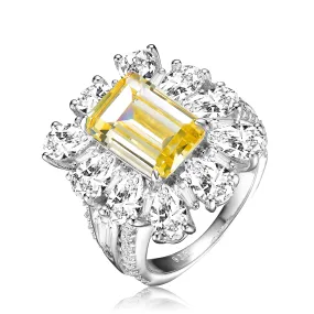 .925 Sterling Silver Yellow Cubic Zirconia Halo Cocktail Ring