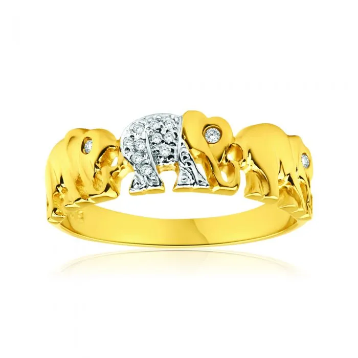 9ct Yellow Gold Elephant Diamond Ring - Elephants Symbolise Good Luck