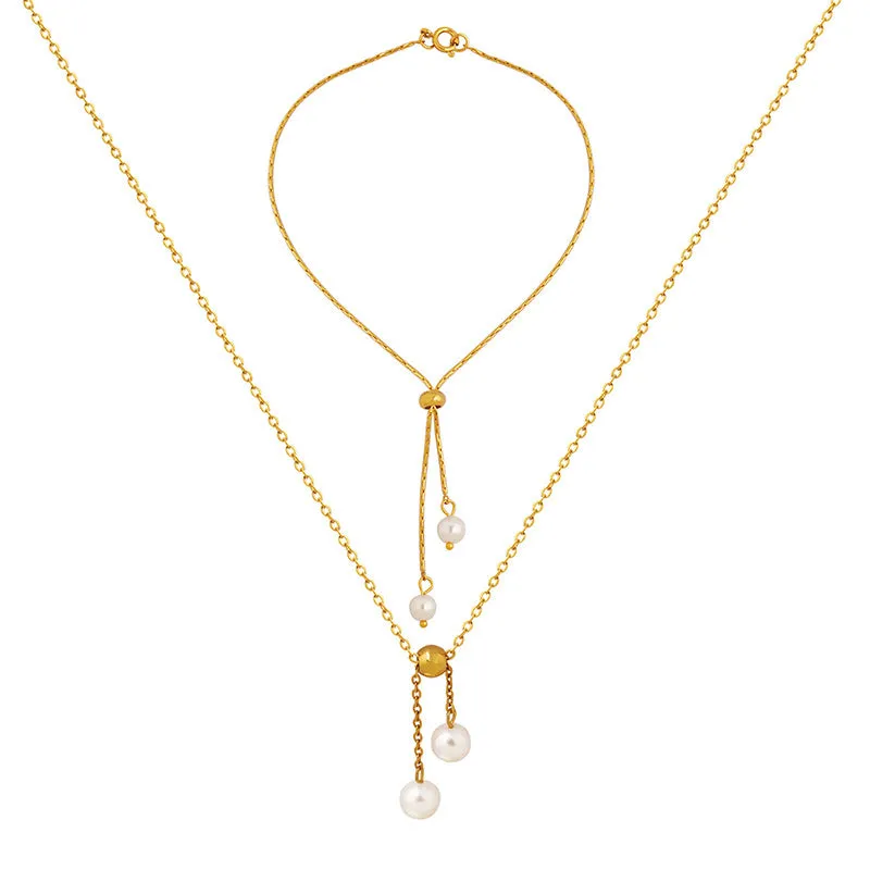 Adjustable Pulling Pearl Drop Necklace Bracelet Set