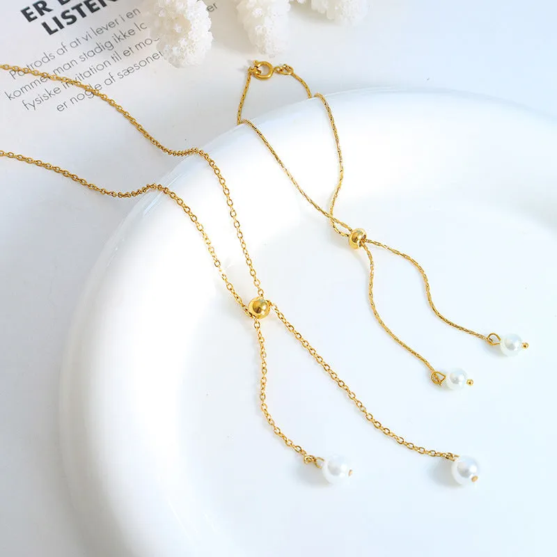 Adjustable Pulling Pearl Drop Necklace Bracelet Set