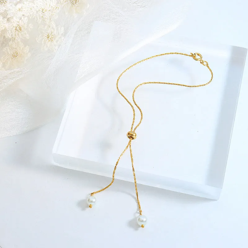 Adjustable Pulling Pearl Drop Necklace Bracelet Set