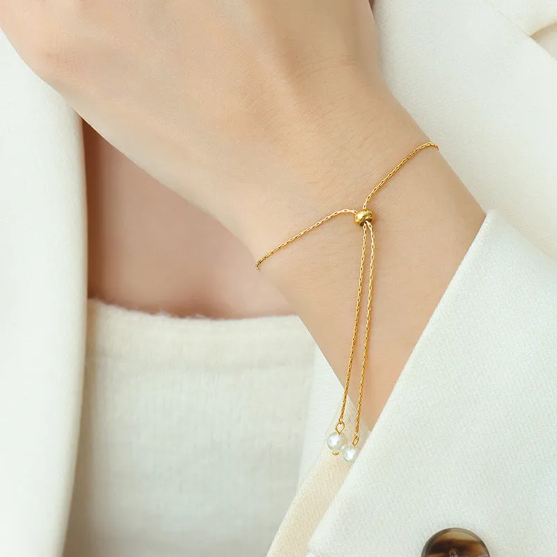 Adjustable Pulling Pearl Drop Necklace Bracelet Set