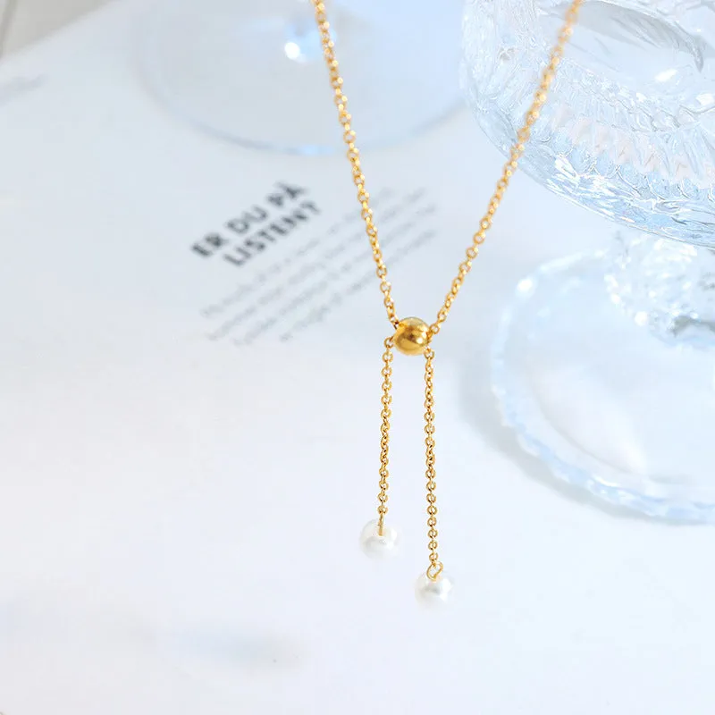 Adjustable Pulling Pearl Drop Necklace Bracelet Set