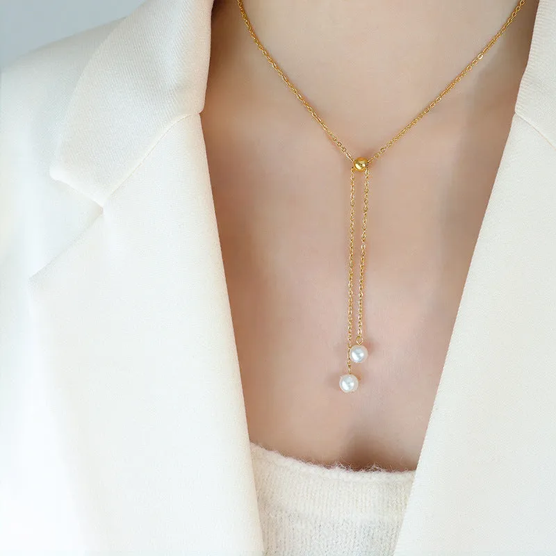 Adjustable Pulling Pearl Drop Necklace Bracelet Set