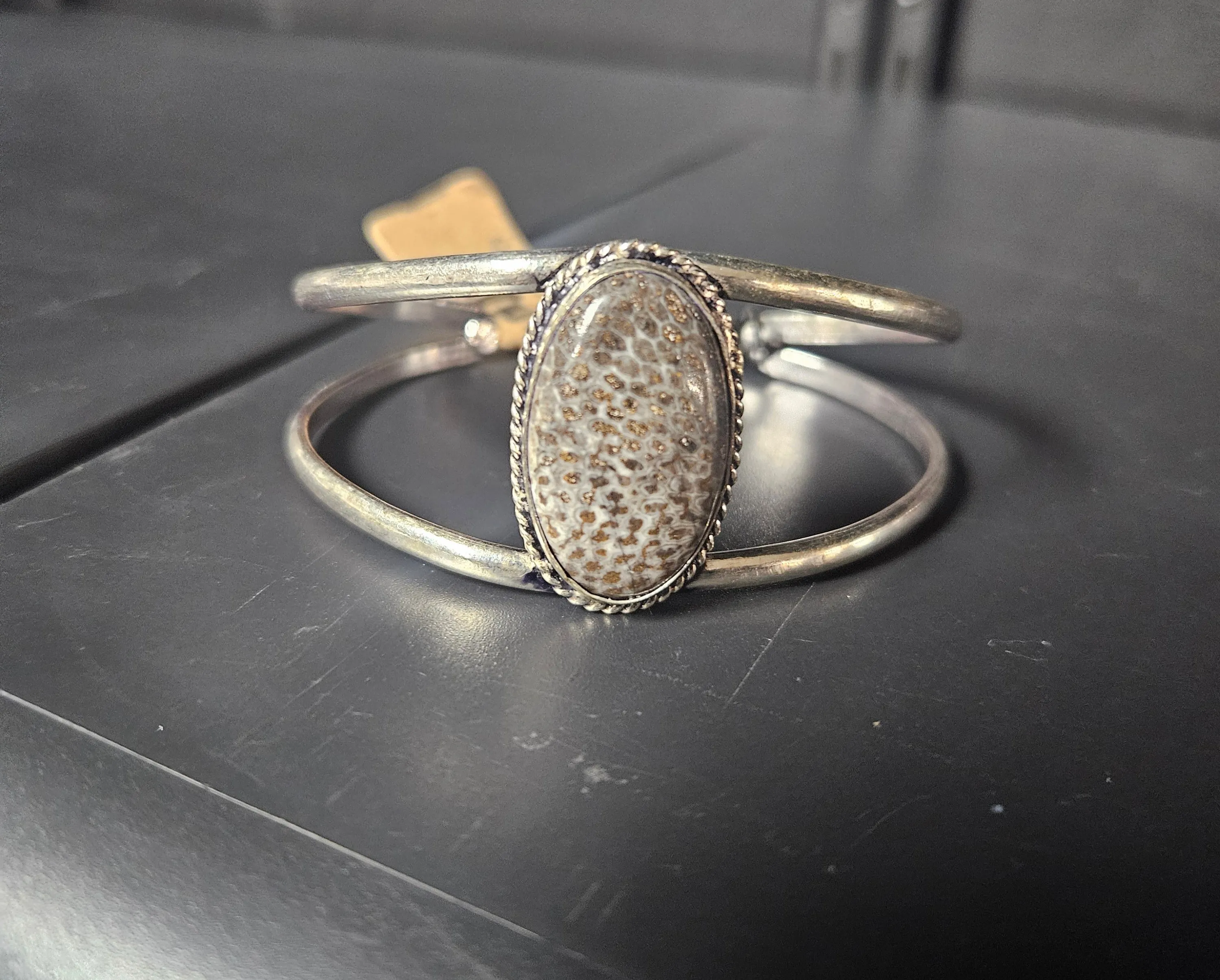 Anju Kashi Stone Cuff Bracelet - Black Fossil Coral Oval