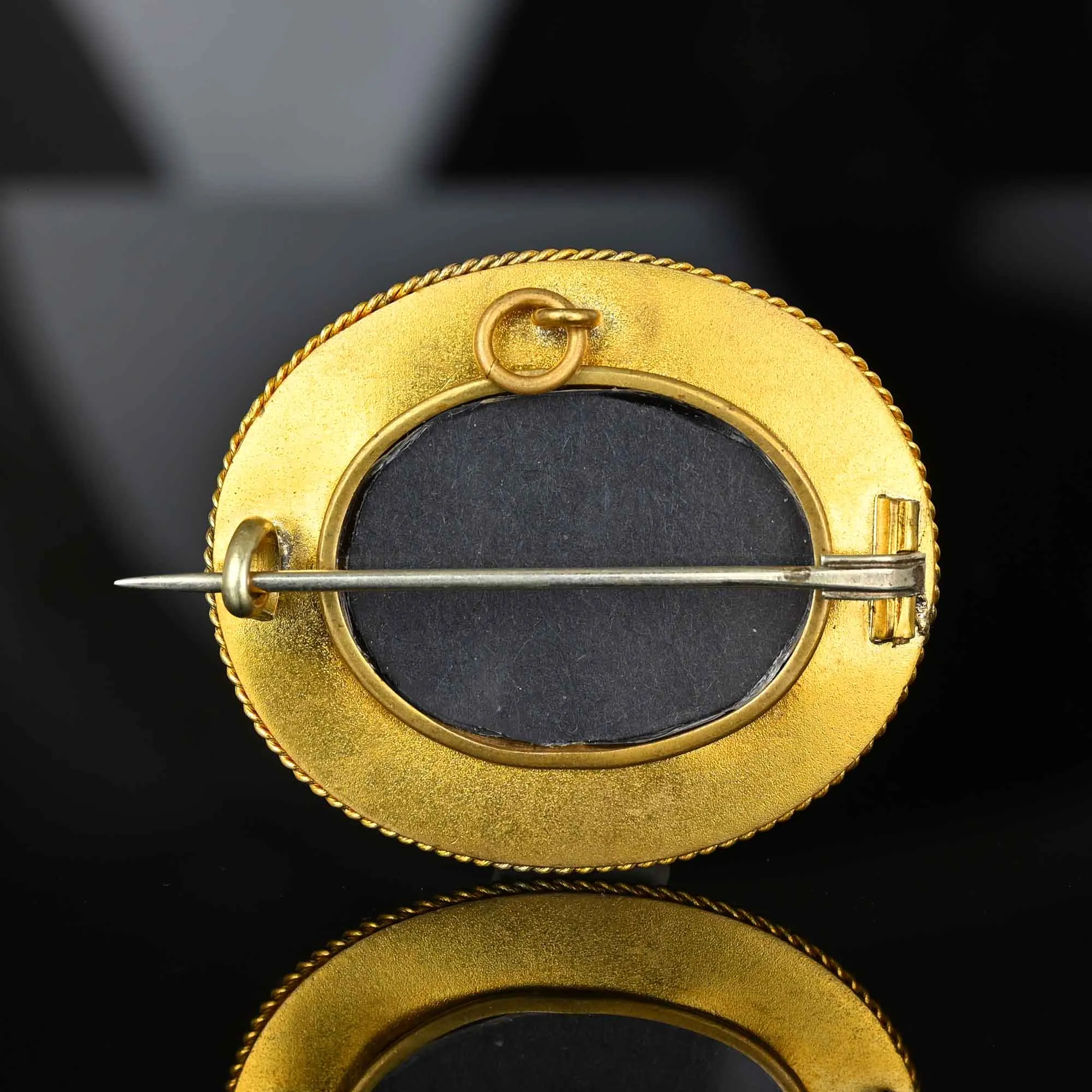 Antique Bloomed Gold Gilt Pearl Onyx Locket Brooch
