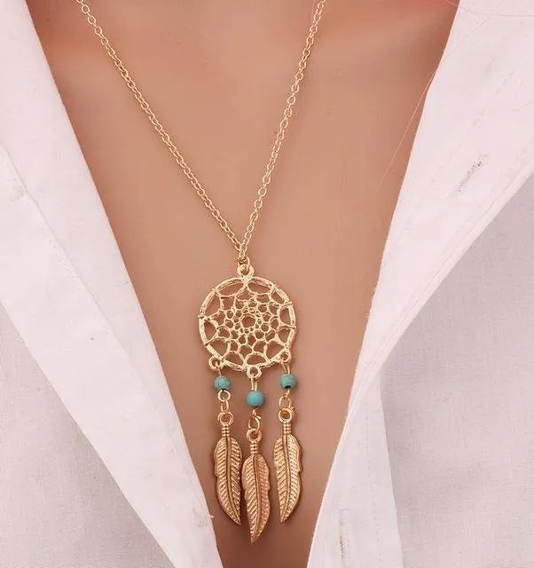 Antique Silver Vintage Dream Catcher Leaves Pendant Necklace