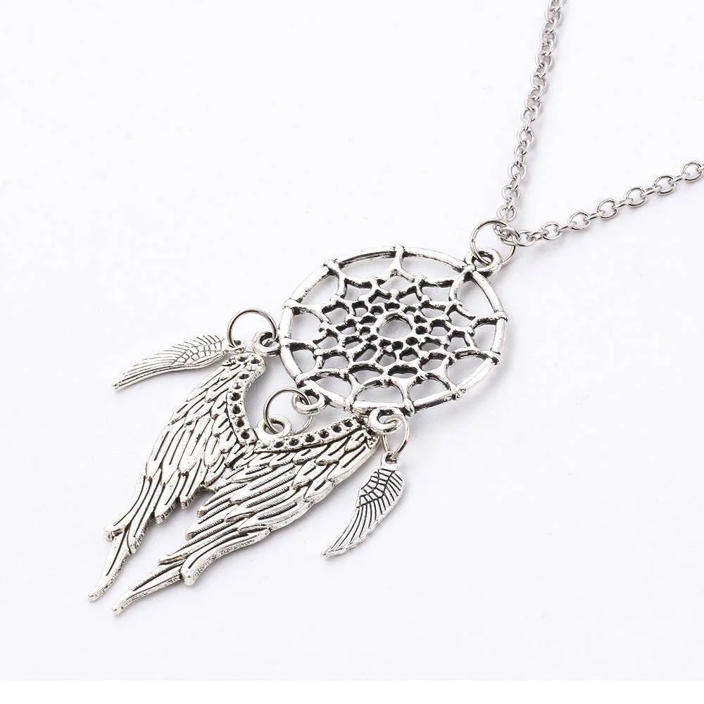 Antique Silver Vintage Dream Catcher Leaves Pendant Necklace