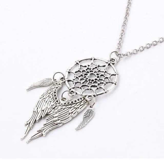 Antique Silver Vintage Dream Catcher Leaves Pendant Necklace