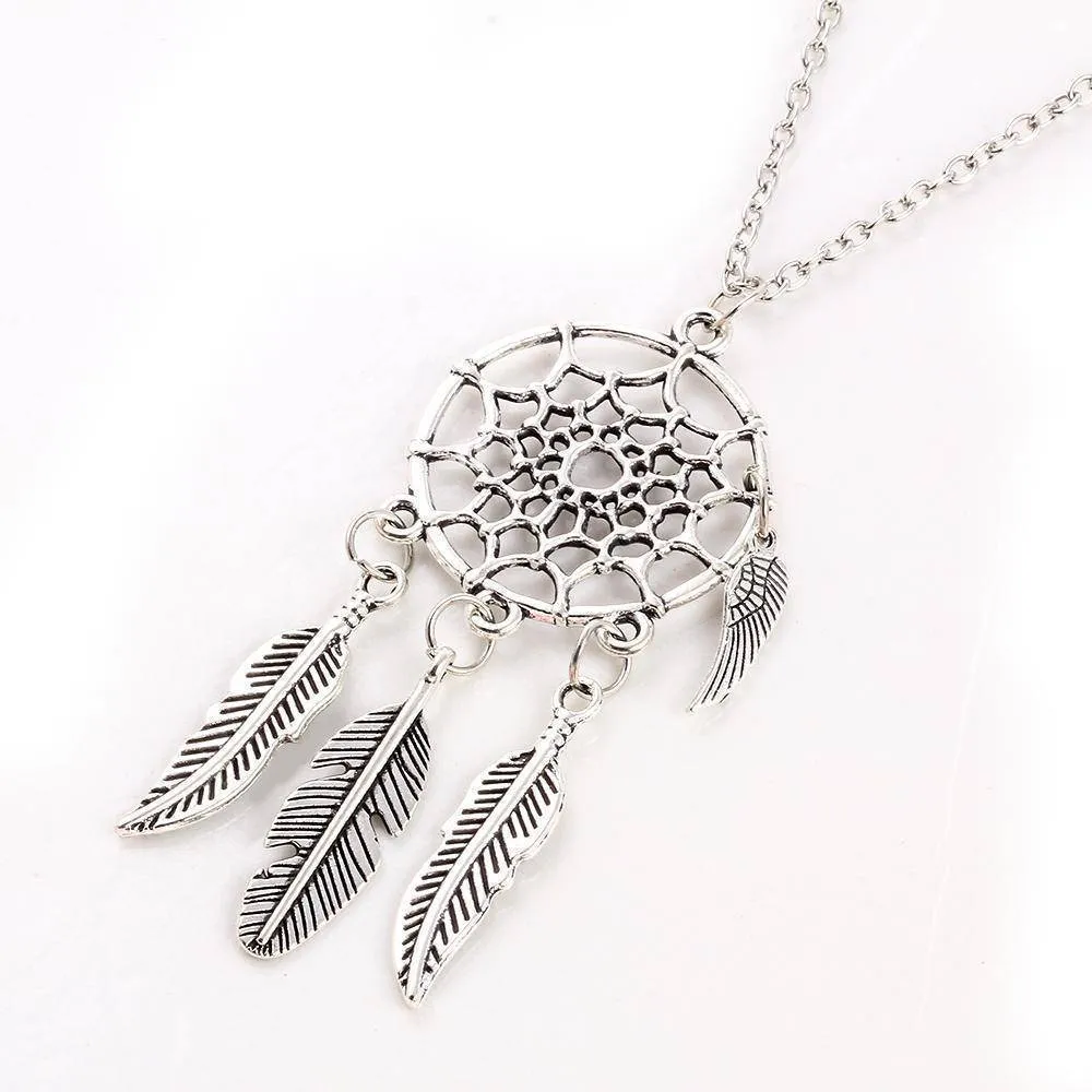 Antique Silver Vintage Dream Catcher Leaves Pendant Necklace