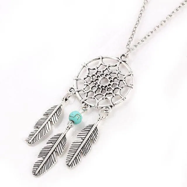 Antique Silver Vintage Dream Catcher Leaves Pendant Necklace