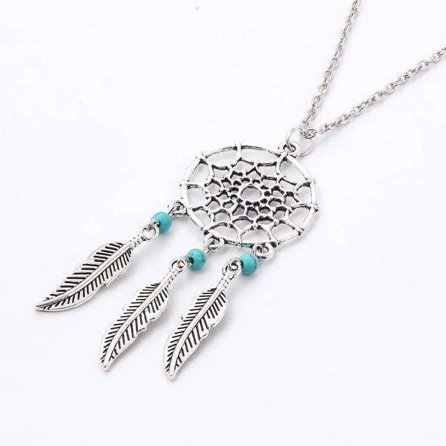 Antique Silver Vintage Dream Catcher Leaves Pendant Necklace