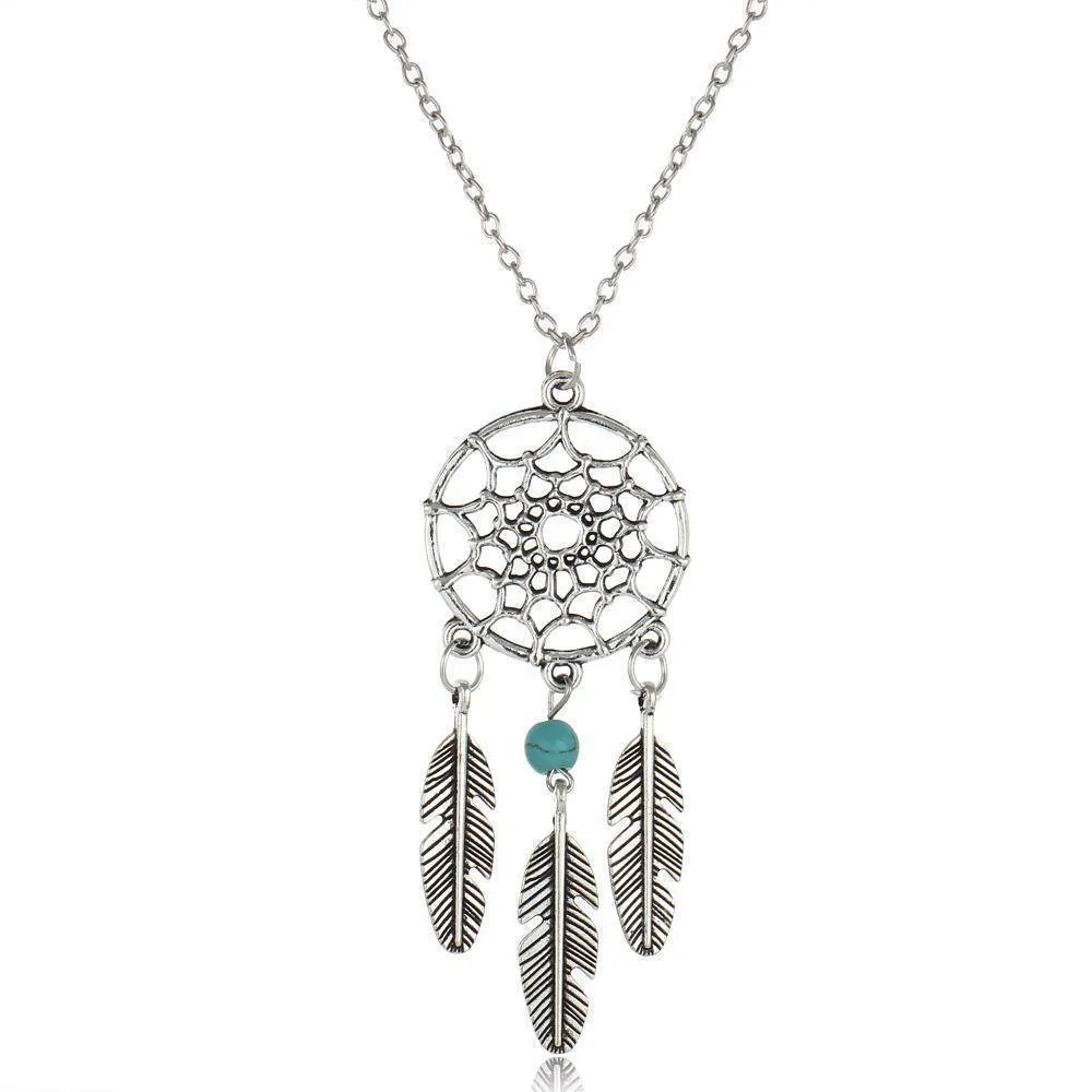 Antique Silver Vintage Dream Catcher Leaves Pendant Necklace