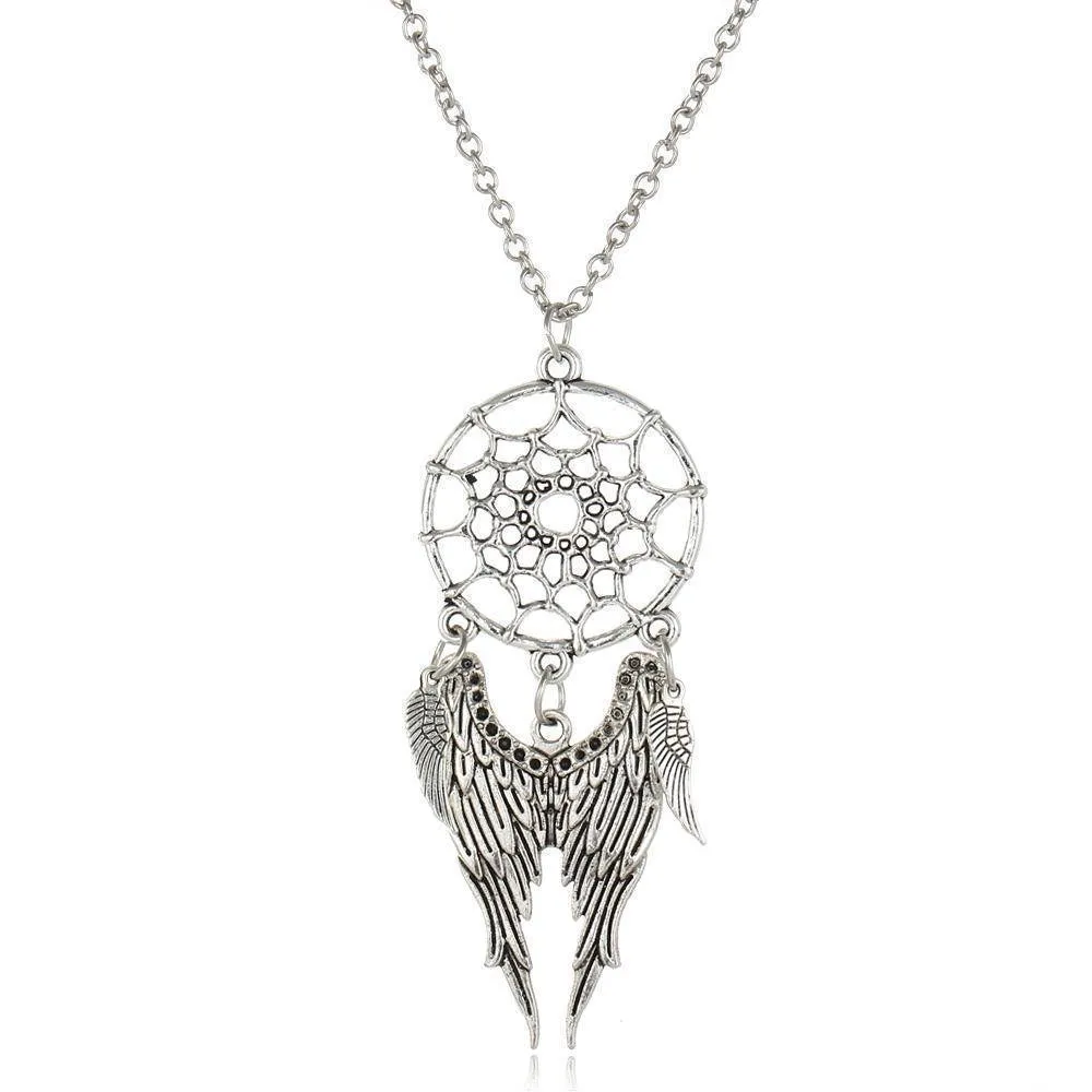 Antique Silver Vintage Dream Catcher Leaves Pendant Necklace