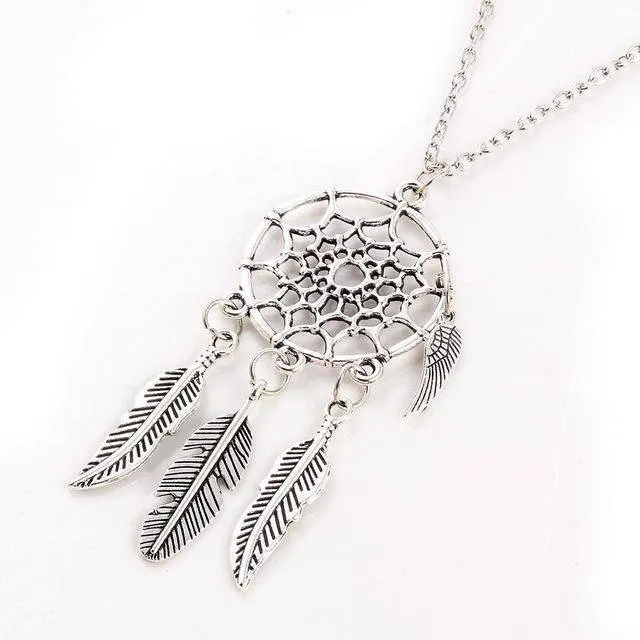 Antique Silver Vintage Dream Catcher Leaves Pendant Necklace