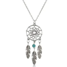 Antique Silver Vintage Dream Catcher Leaves Pendant Necklace